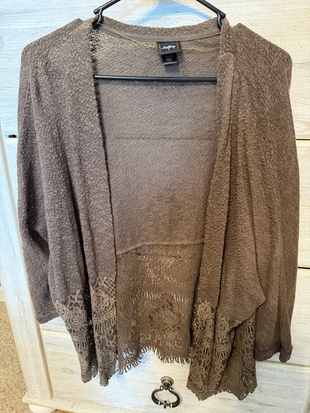 Women’s buckle Daytrip brown Open-Front Cardigan with Lace Trim- small